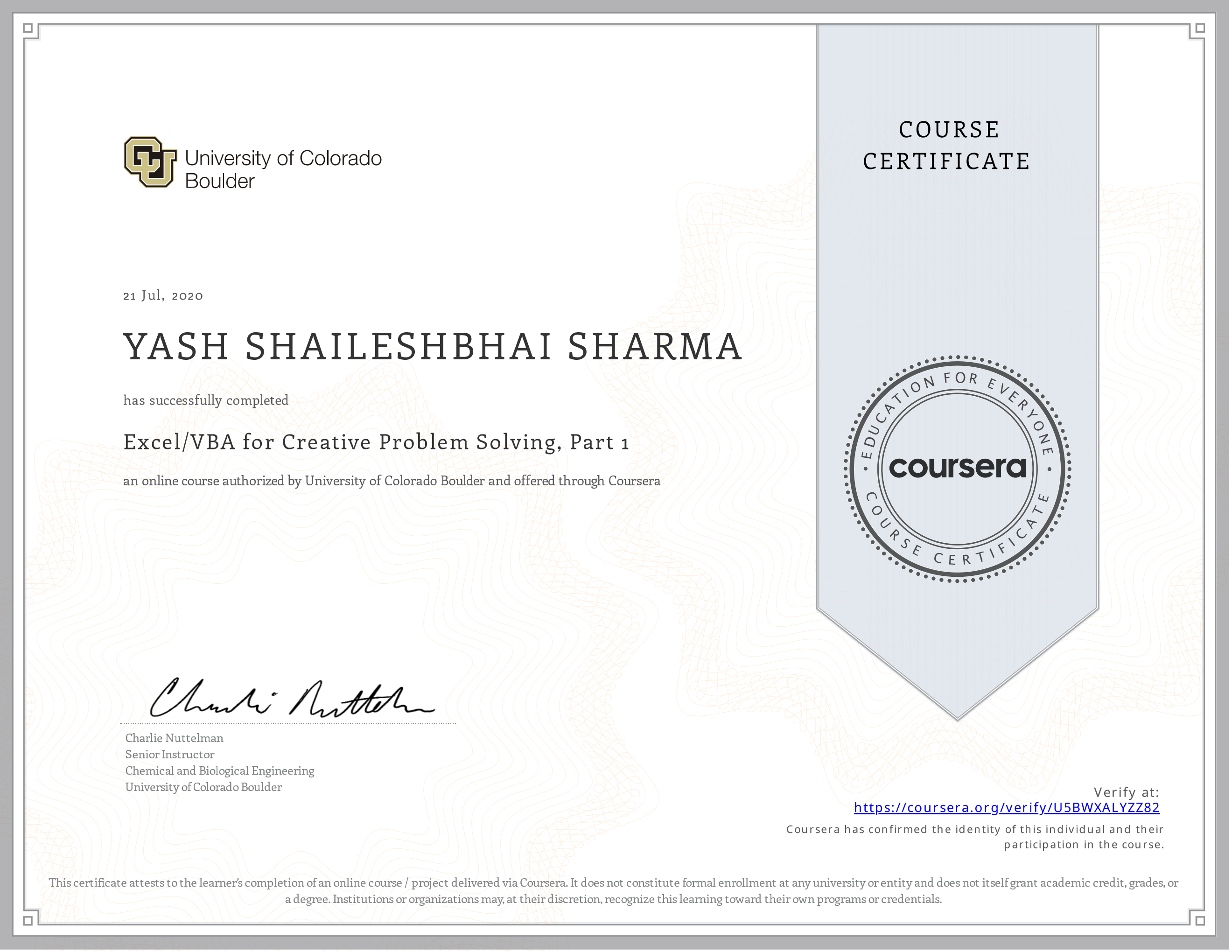 Excel/VBA for Creative Problem Solving, Part 1 certificate