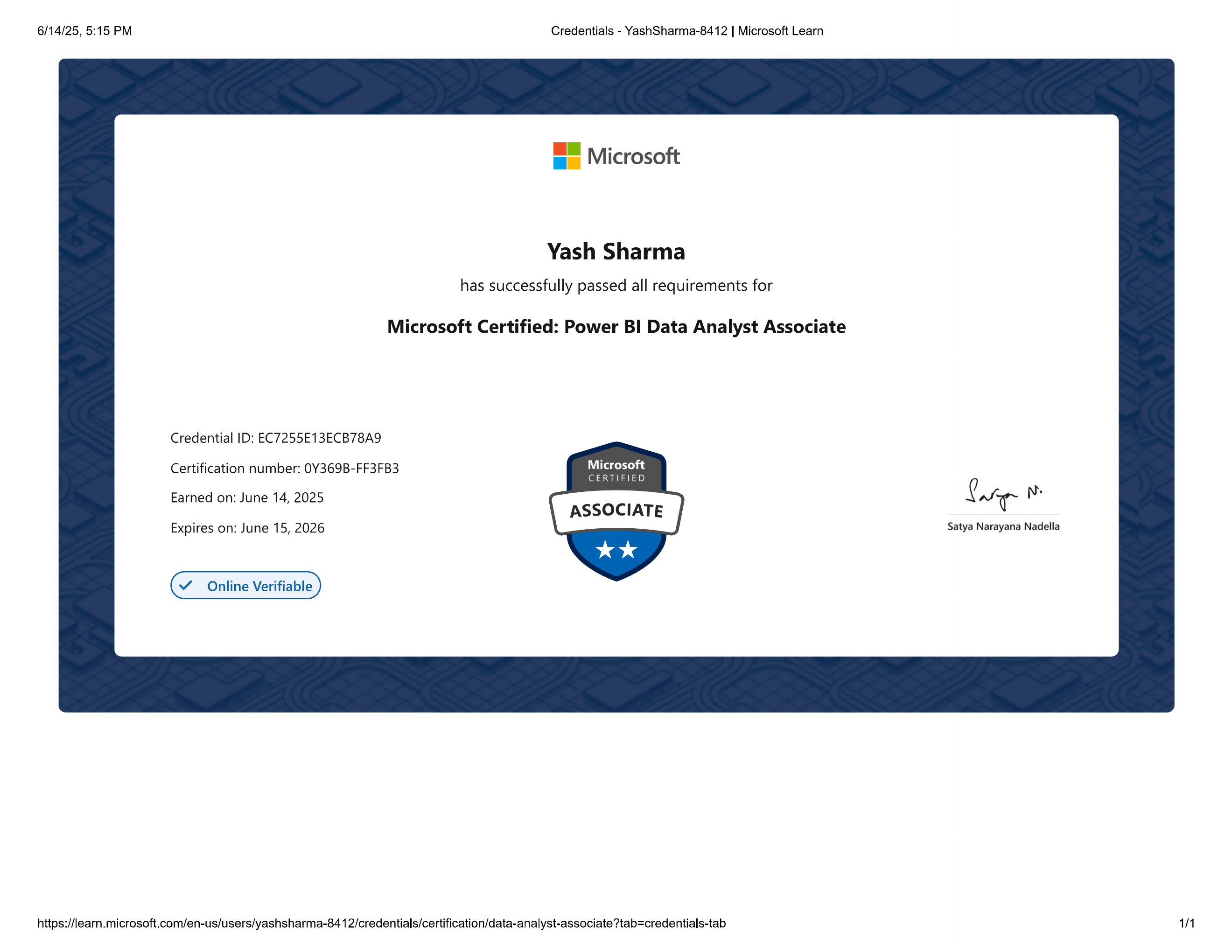 Microsoft Certified: Power BI Data Analyst Associate certificate